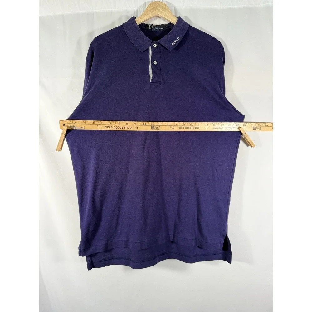 POLO Ralph Lauren Golf‎ Shirt Navy Blue w/ White Placket Flag Print on Arm Men L
